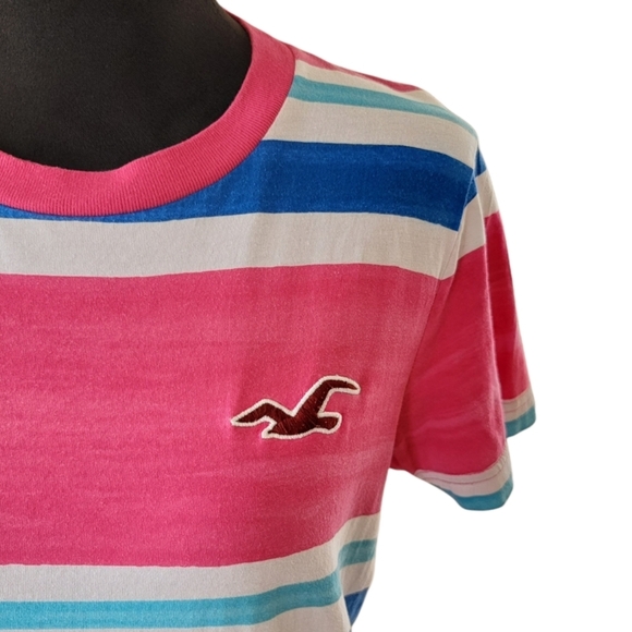 Vintage Women's Y2K 00's Hollister Pink Striped Classic Tee - Picture 4 of 8